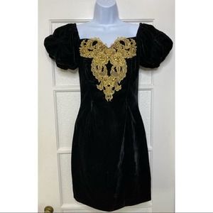 GUNNE SAX Jessica McClintock Vintage Prom Party Dress Velour Velvet Gold Detail